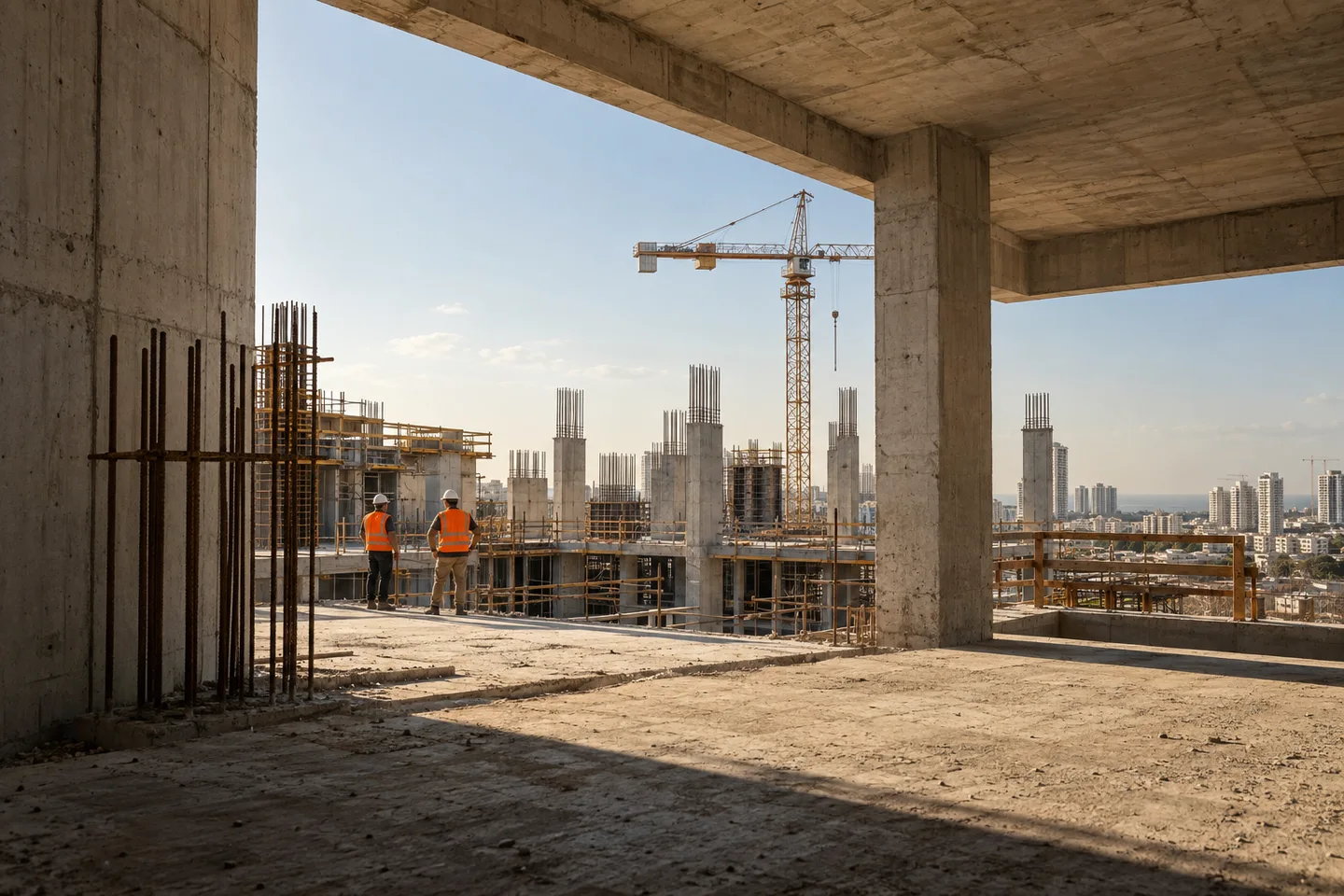 שני עובדים באפודים כתומים בין עמודי בטון באתר בנייה, ועגורן ברקע. תמונת המחשה.